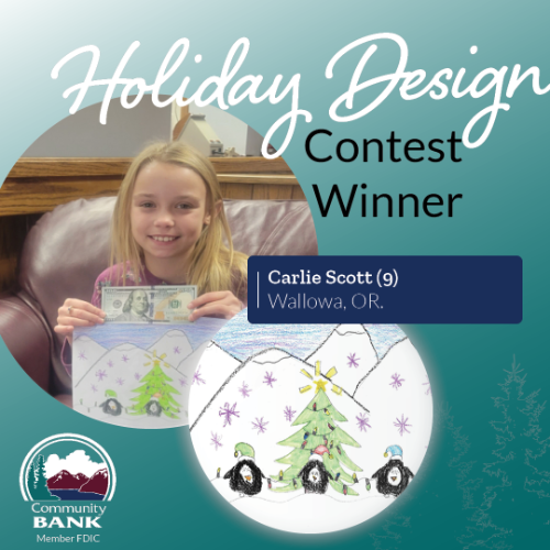 Carlie Scott is seen holding up her image of penguins in front of a Christmas tree and her $100 prize.